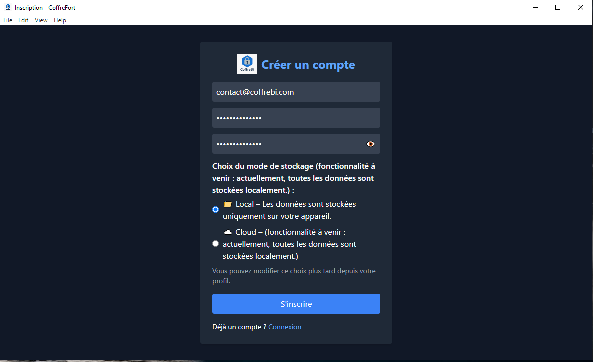 Création de compte Desktop